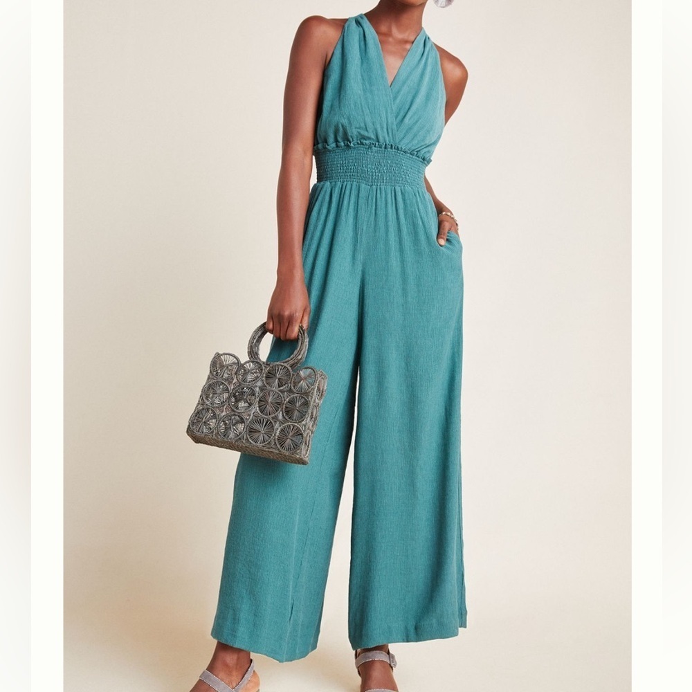 Anthropologie Bionda Plisse Jumpsuit Size XL Wide Leg Turquoise